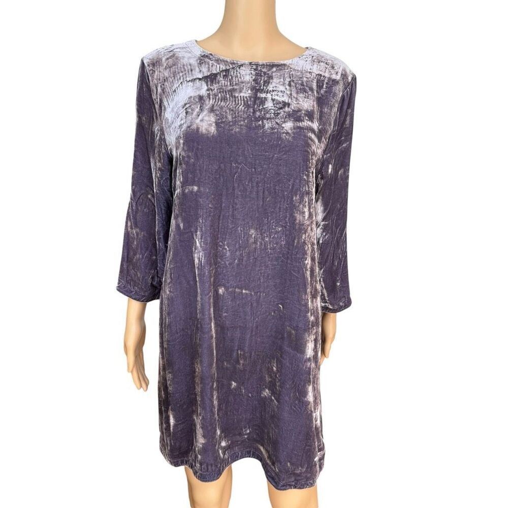 Eileen Fisher M Silk Velvet Shift Dress Purple Gray 3/4 Sleeve Crushed Velvet
